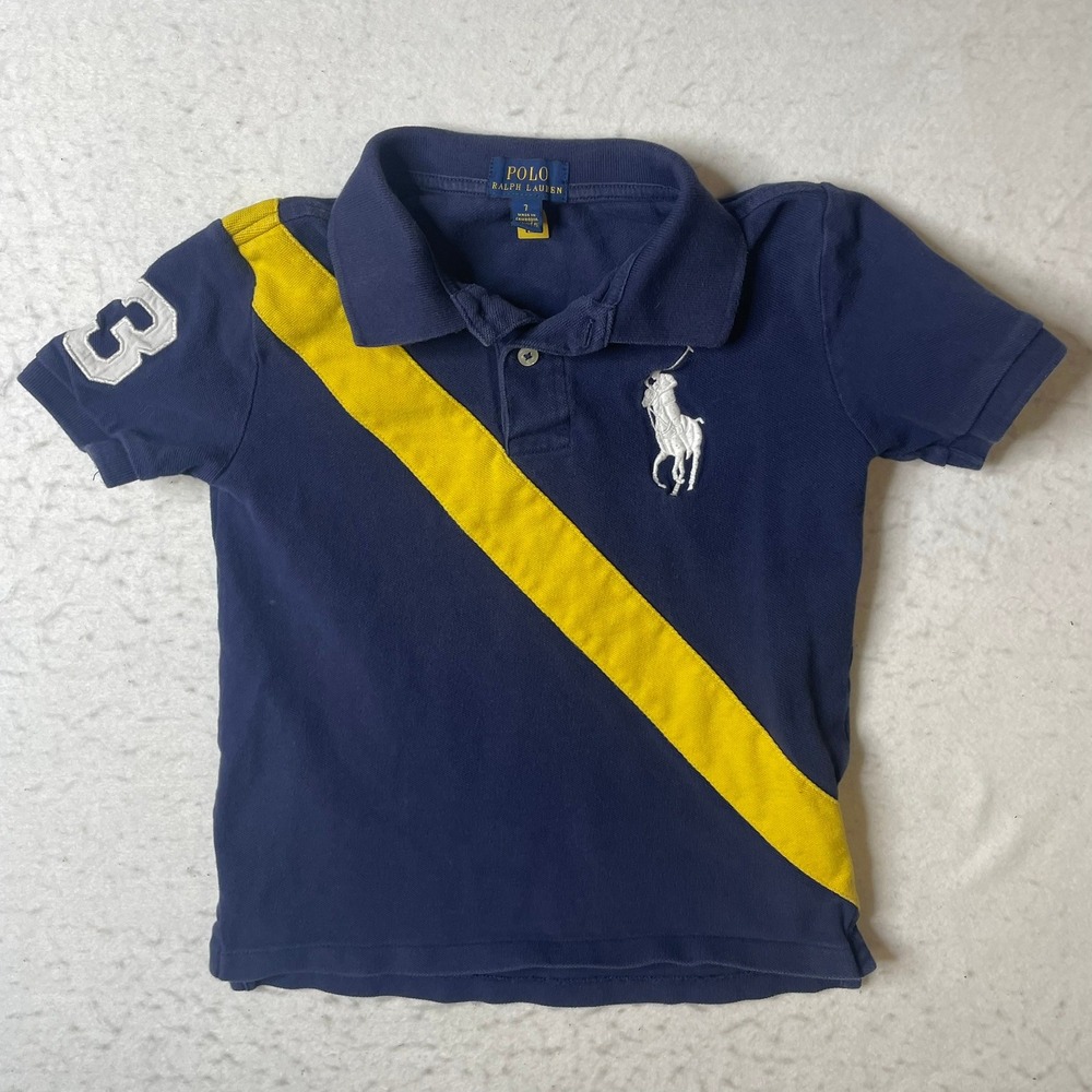 Kids Polo Ralph Lauren Navy Blue Yellow Stripe Short Sleeve Polo Shirt Size 7‎